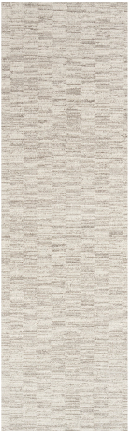 Neutral beige rug runner with subtle cream and taupe woven stripes.
