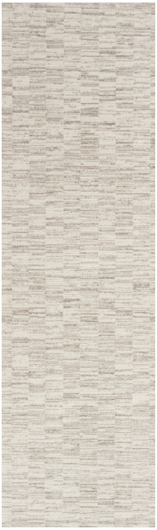 Neutral beige rug runner with subtle cream and taupe woven stripes.