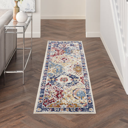 Long Persian-style hallway runner rug in ivory with blue border and multicolor floral motifs on dark wood floor.