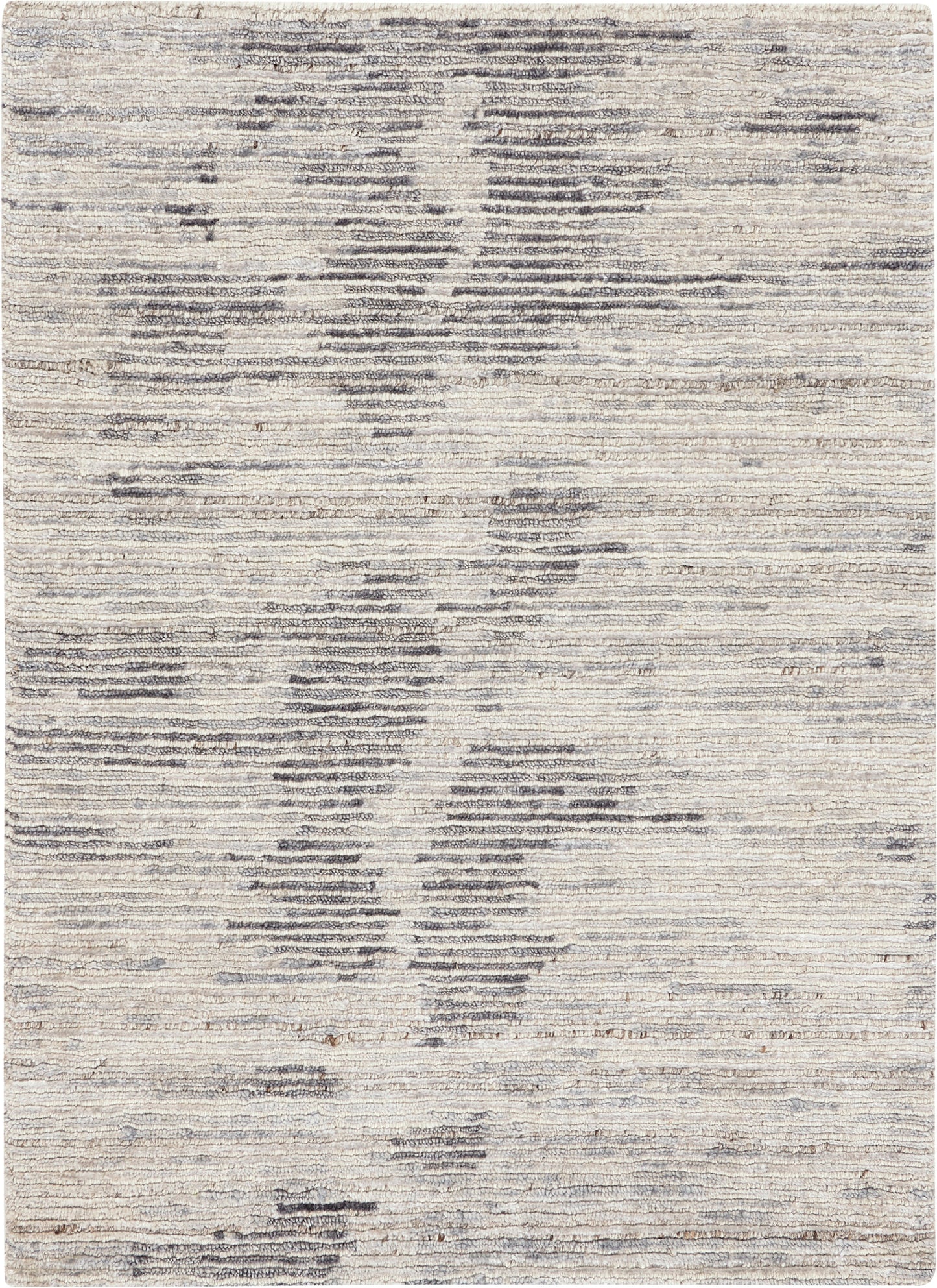 Neutral beige area rug with subtle gray abstract pattern and soft textured pile for modern living rooms.