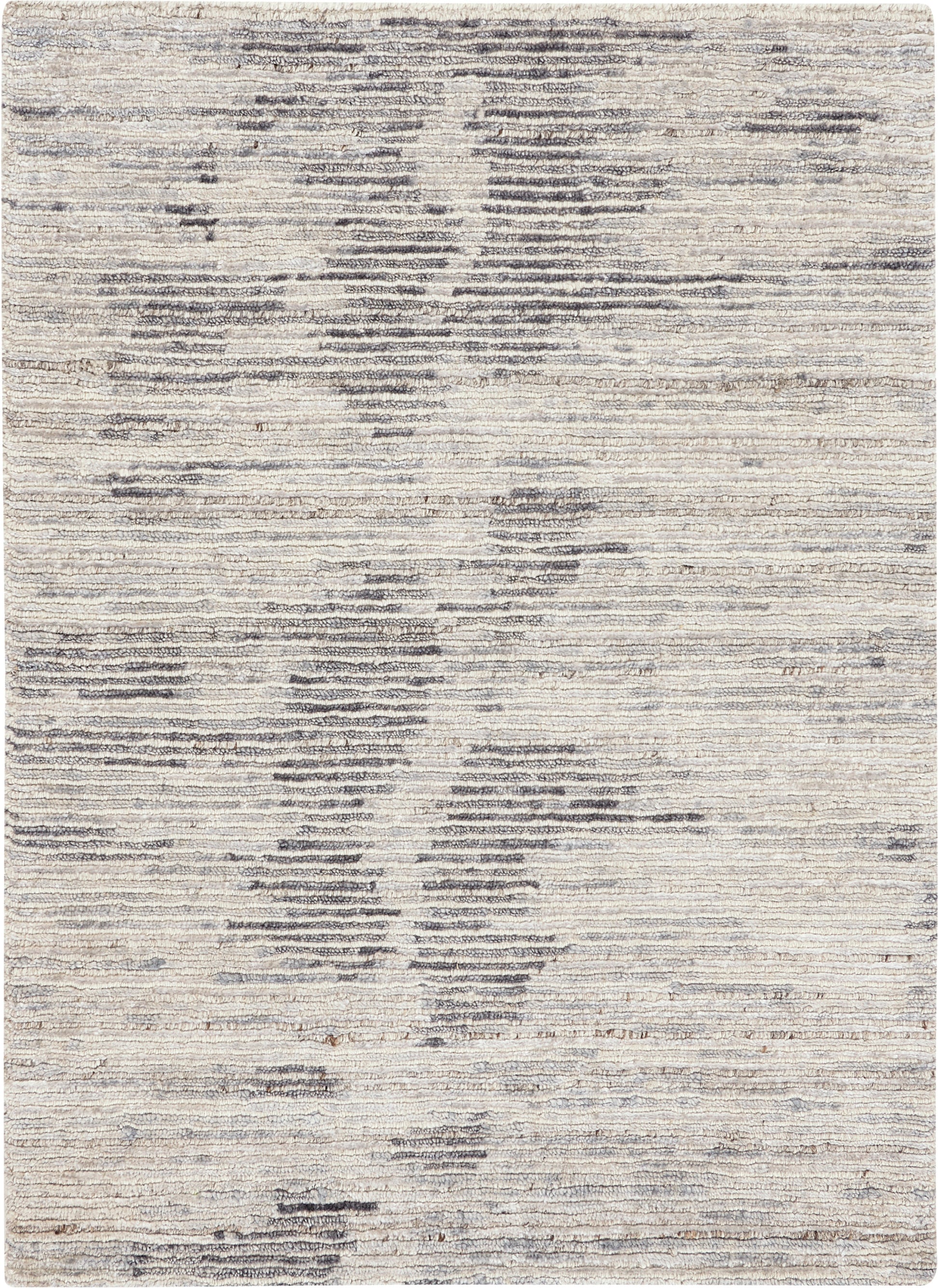 Neutral beige area rug with subtle gray abstract pattern and soft textured pile for modern living rooms.