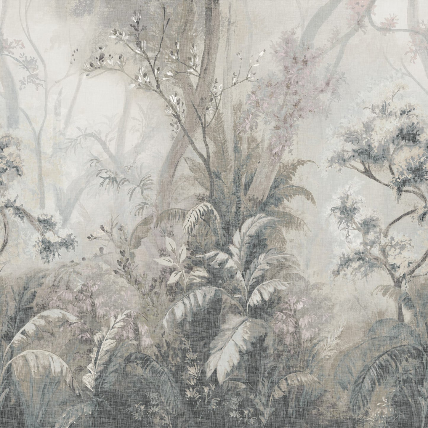 Pastel tropical forest wallpaper with misty trees, banana leaves and ferns in muted beige-blue tones.