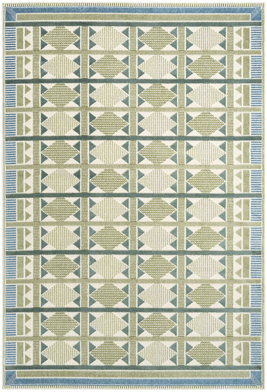 Geometric woven rug in beige and olive with blue border; repeating diamond motifs in a grid.