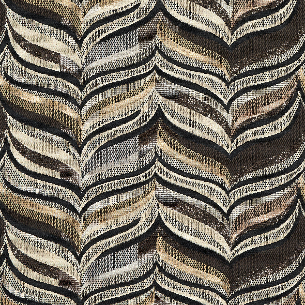 Earthy wavy chevron upholstery fabric in beige, taupe, brown and black with a textured weave.