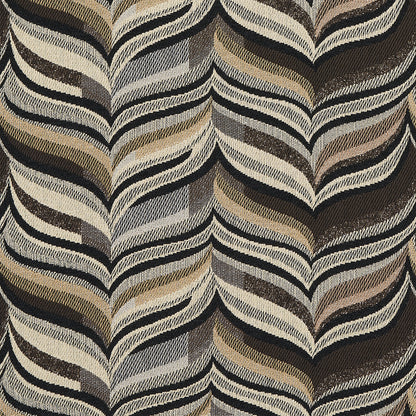 Earthy wavy chevron upholstery fabric in beige, taupe, brown and black with a textured weave.