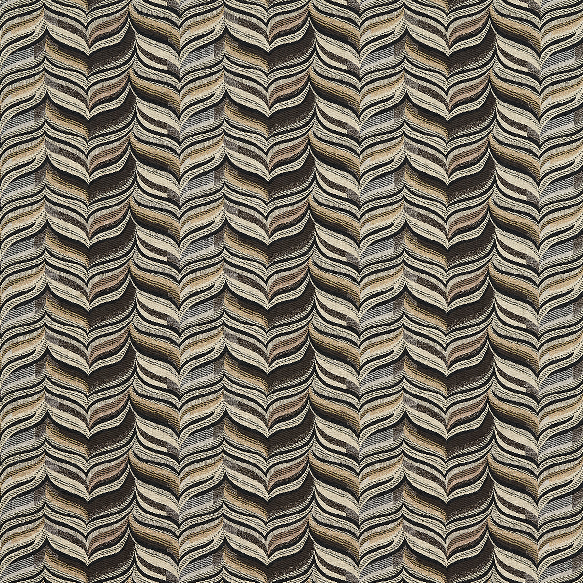 Textured upholstery fabric with repeating chevron/feather pattern in beige, taupe, cream and charcoal.