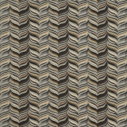 Textured upholstery fabric with repeating chevron/feather pattern in beige, taupe, cream and charcoal.