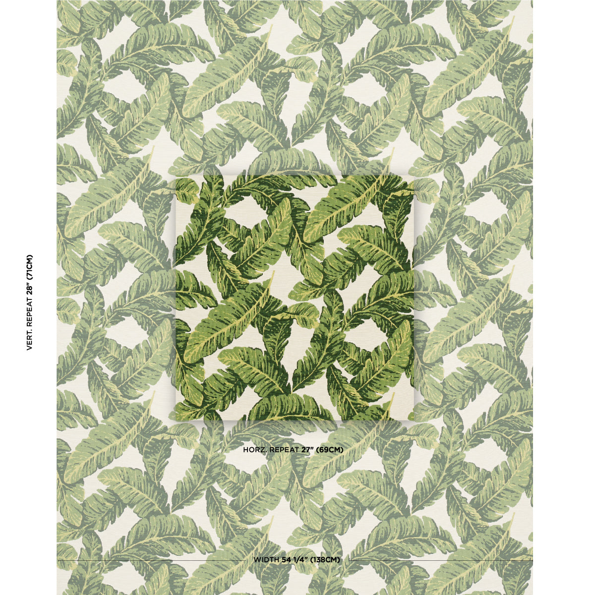 Green banana leaf wallpaper with repeating tropical leaves on cream; darker circular swatch center.
