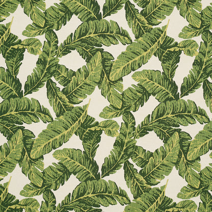 Green tropical banana leaf pattern on beige backdrop; bold botanical textile print for home decor.