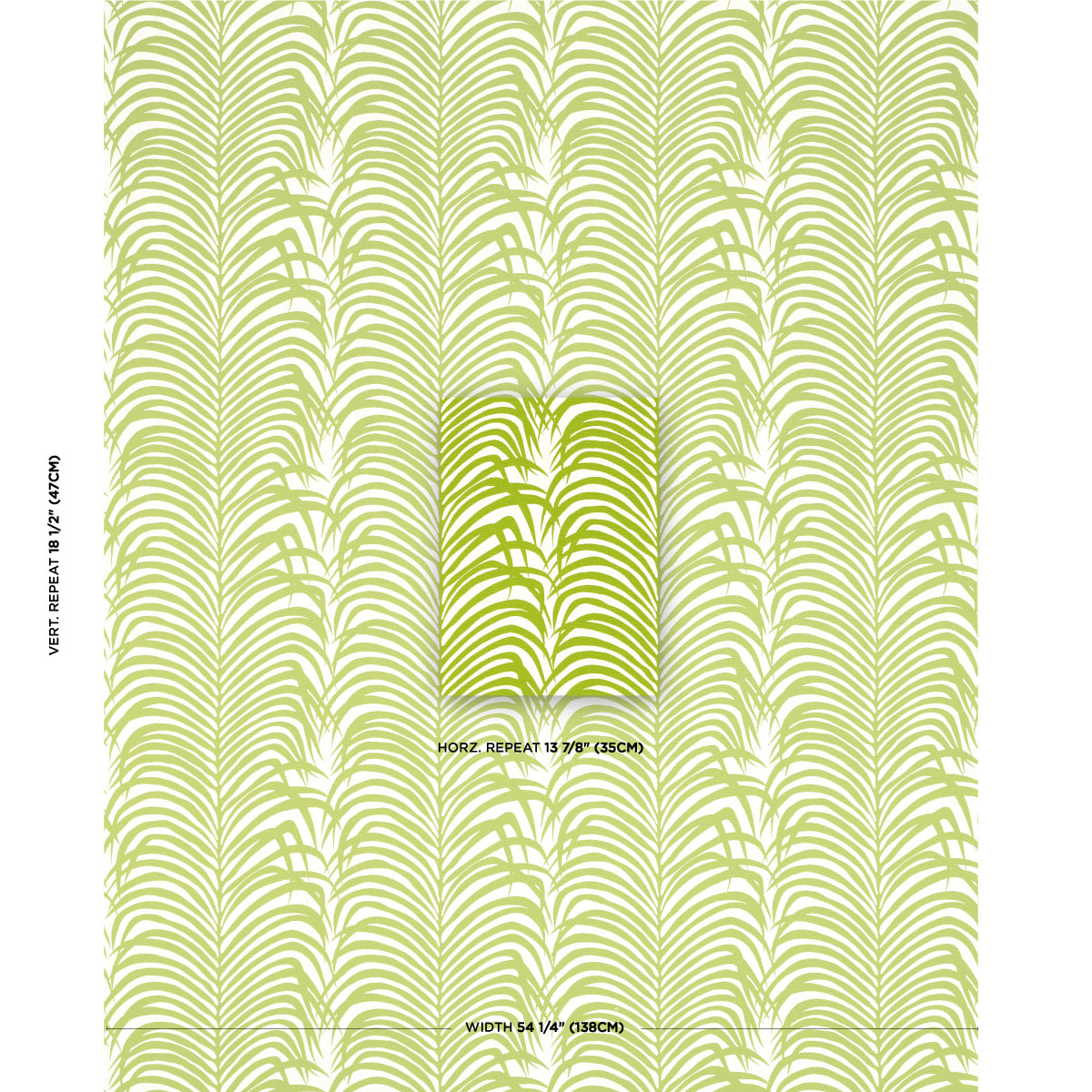 Botanical wallpaper with vertical rows of pale olive fern leaves in a repeating tropical motif.