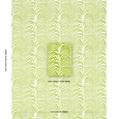 Botanical wallpaper with vertical rows of pale olive fern leaves in a repeating tropical motif.