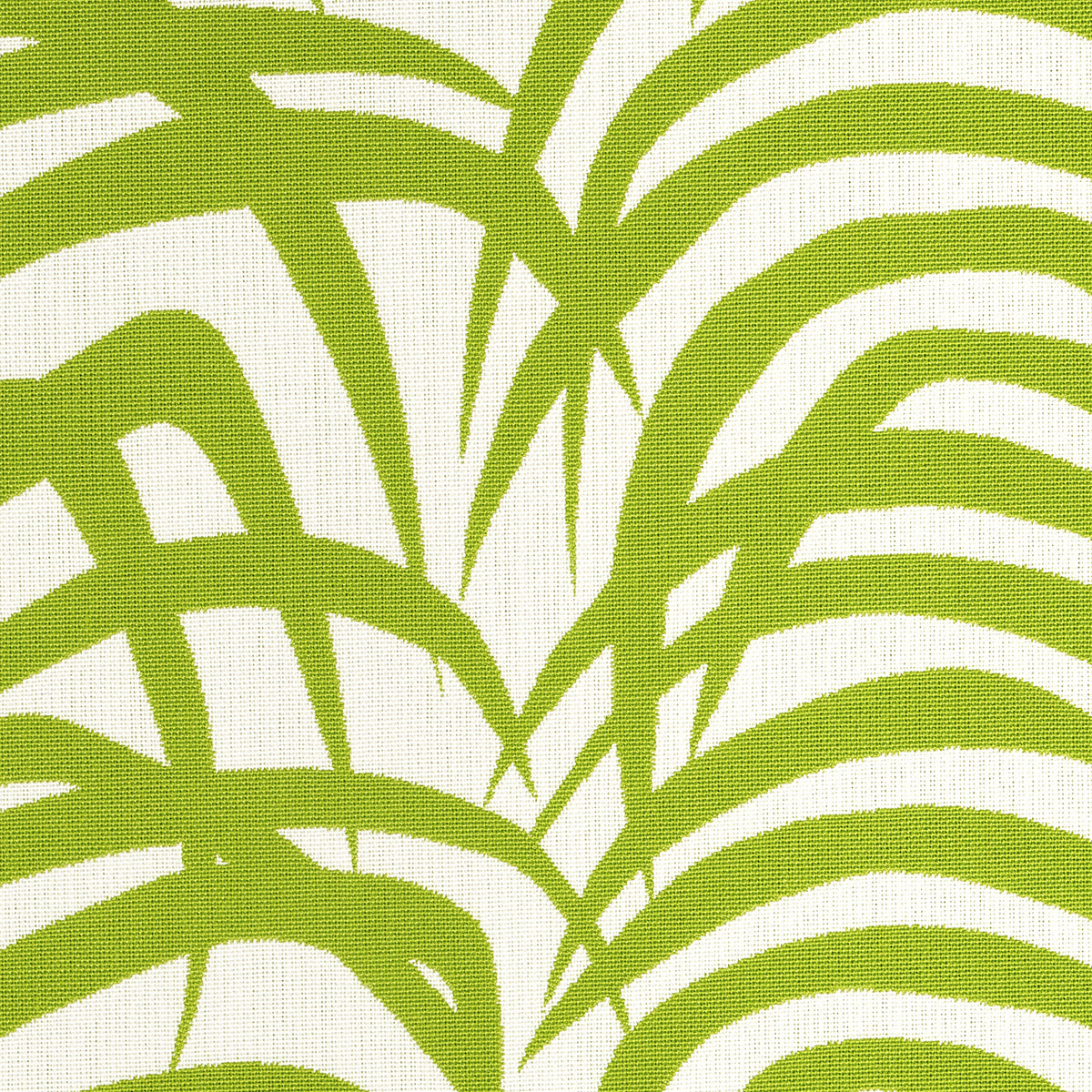 Lime green palm leaf pattern on white fabric; bold tropical textile design for decor or upholstery.