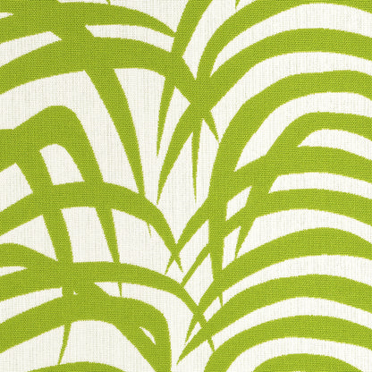 Lime green palm leaf pattern on white fabric; bold tropical textile design for decor or upholstery.