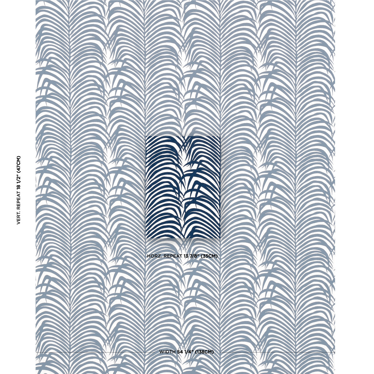 Blue fern-pattern wallpaper with vertical fronds on a pale backdrop; central darker square accent.