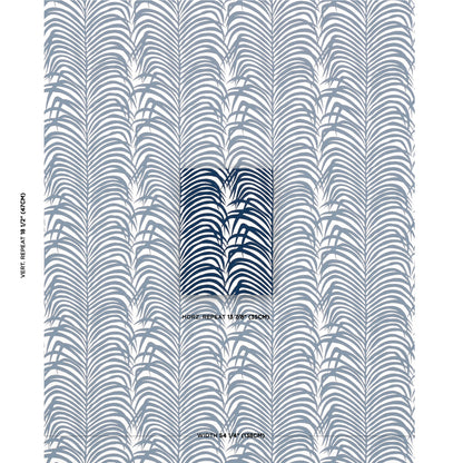 Blue fern-pattern wallpaper with vertical fronds on a pale backdrop; central darker square accent.