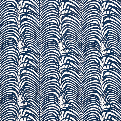 Blue-gray solid panel with a navy palm-leaf patterned border on the right, tropical wallpaper/fabric design.