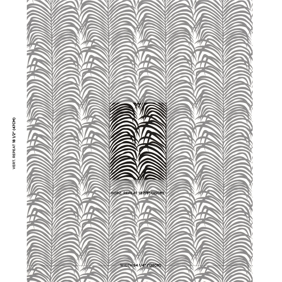 Grey palm-leaf wallpaper with repeating vertical fronds on light background; centered dark sample panel.