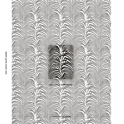 Grey palm-leaf wallpaper with repeating vertical fronds on light background; centered dark sample panel.