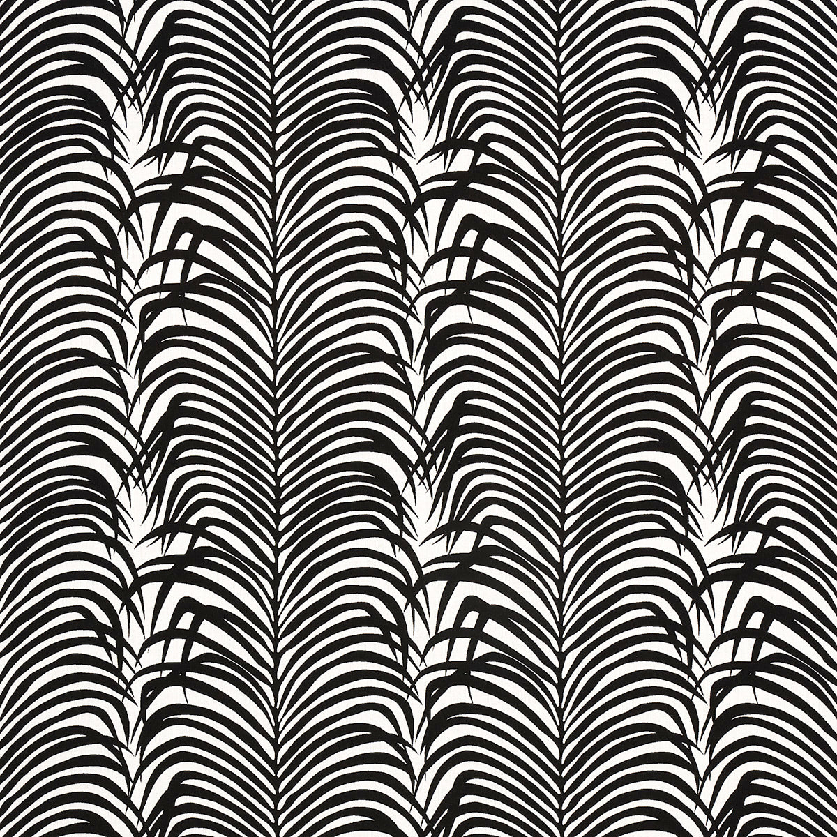 Grey gradient panel on left with bold black palm-leaf pattern along the right edge, modern wallpaper design.
