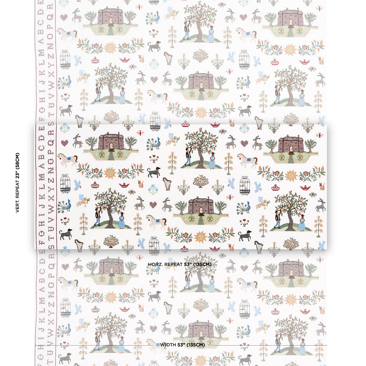 Pastel embroidery sampler design featuring houses, trees, people, animals and florals in a repeating motif.