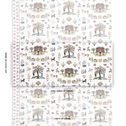 Pastel embroidery sampler design featuring houses, trees, people, animals and florals in a repeating motif.