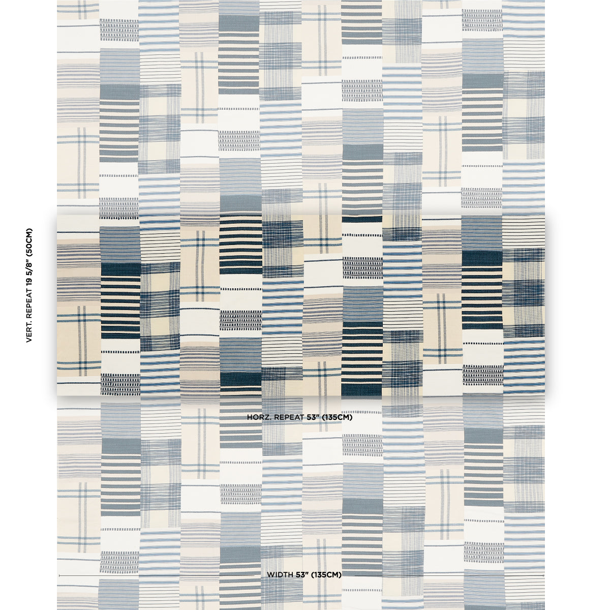 Woven fabric swatch with vertical blue, gray & beige stripes in varying widths; geometric quilt-like textile.