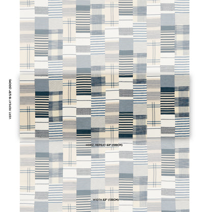 Woven fabric swatch with vertical blue, gray & beige stripes in varying widths; geometric quilt-like textile.