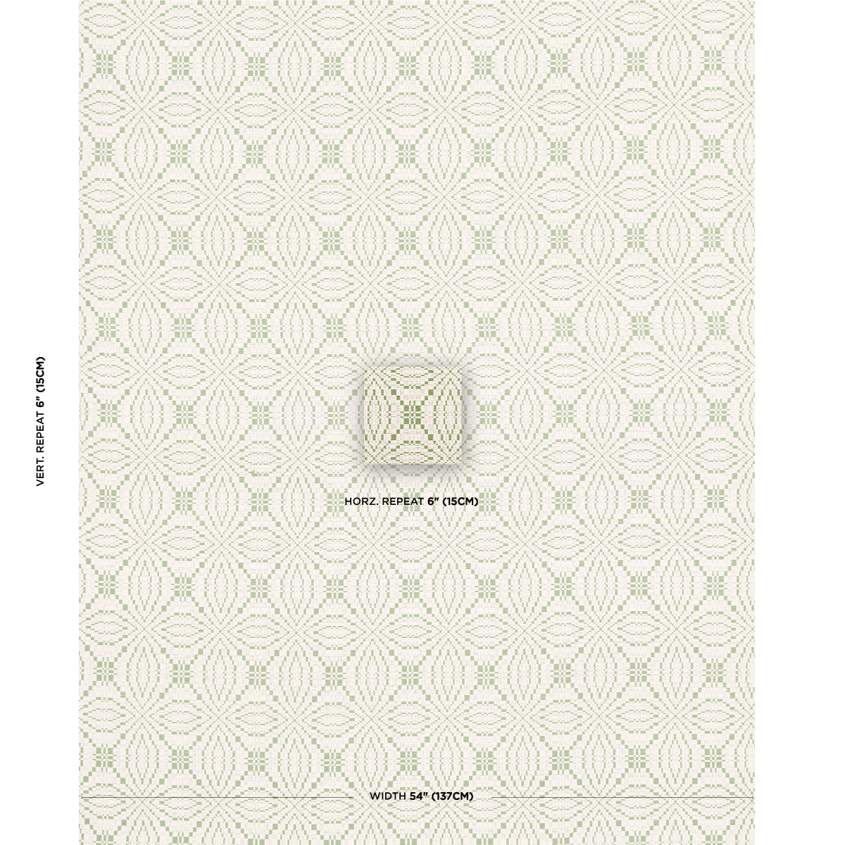 Beige fabric with a pale green circular geometric lattice pattern; small centered square coverlet sample.