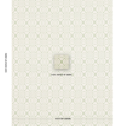 Beige fabric with a pale green circular geometric lattice pattern; small centered square coverlet sample.