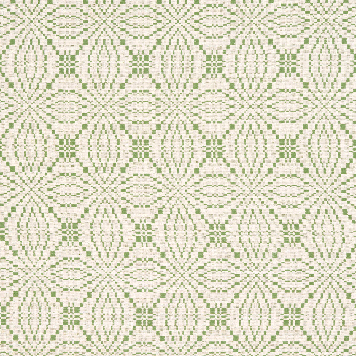 Beige and sage-green geometric lattice pattern with repeating oval motifs.
