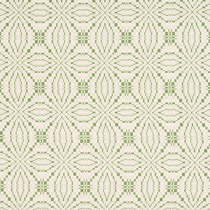 Beige and sage-green geometric lattice pattern with repeating oval motifs.