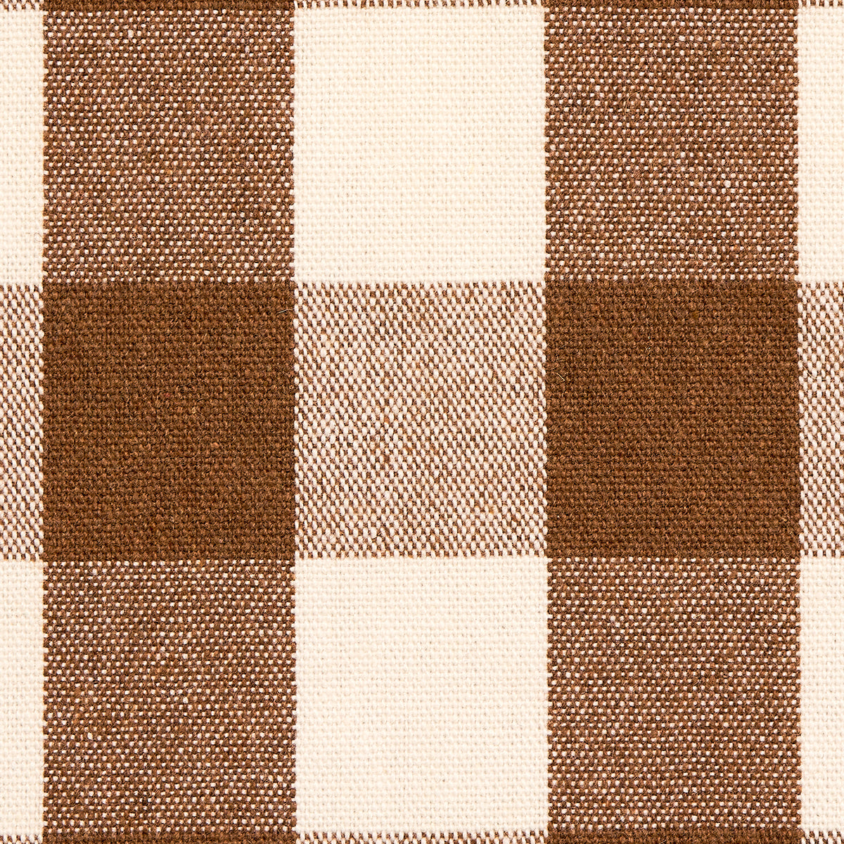 Brown and beige plaid woven fabric with large checker squares and textured surface.