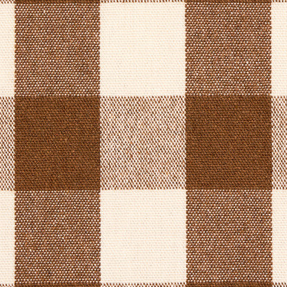 Brown and beige plaid woven fabric with large checker squares and textured surface.
