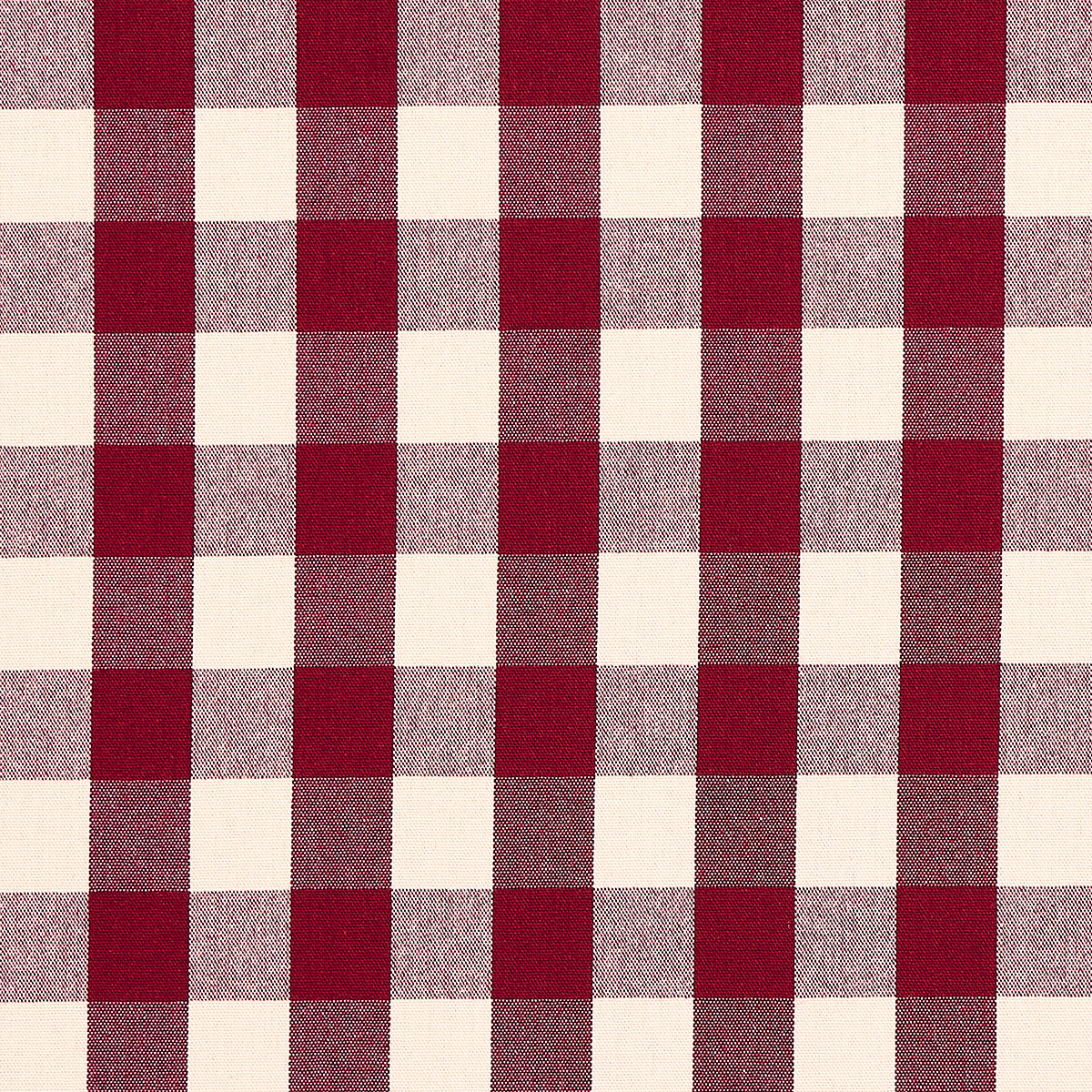 Crimson and cream buffalo check fabric with large square pattern, suitable for table linens or apparel.