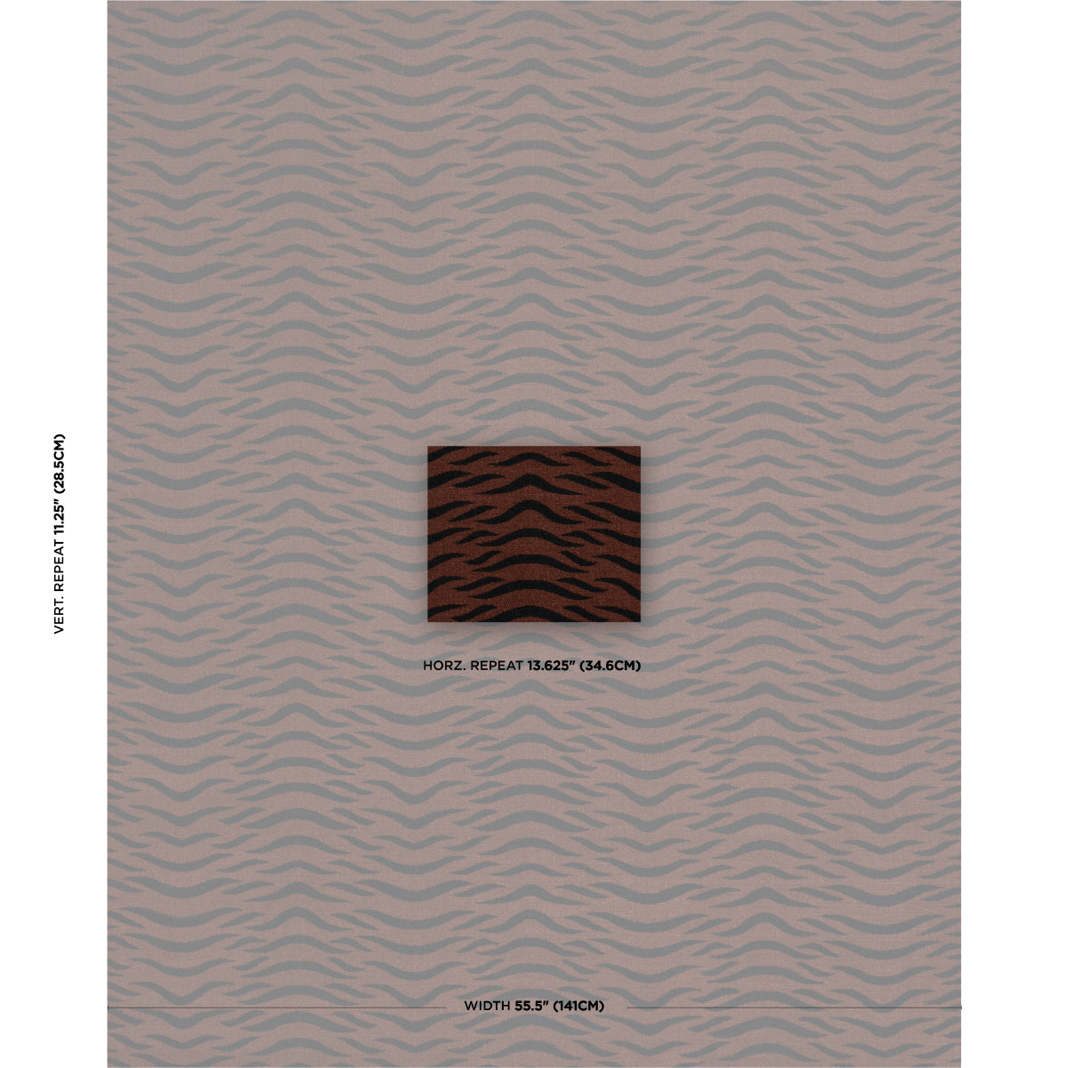 Rose-pink wallpaper with taupe wavy stripes and a central dark brown swatch showing the pattern.