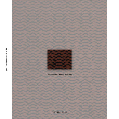 Rose-pink wallpaper with taupe wavy stripes and a central dark brown swatch showing the pattern.