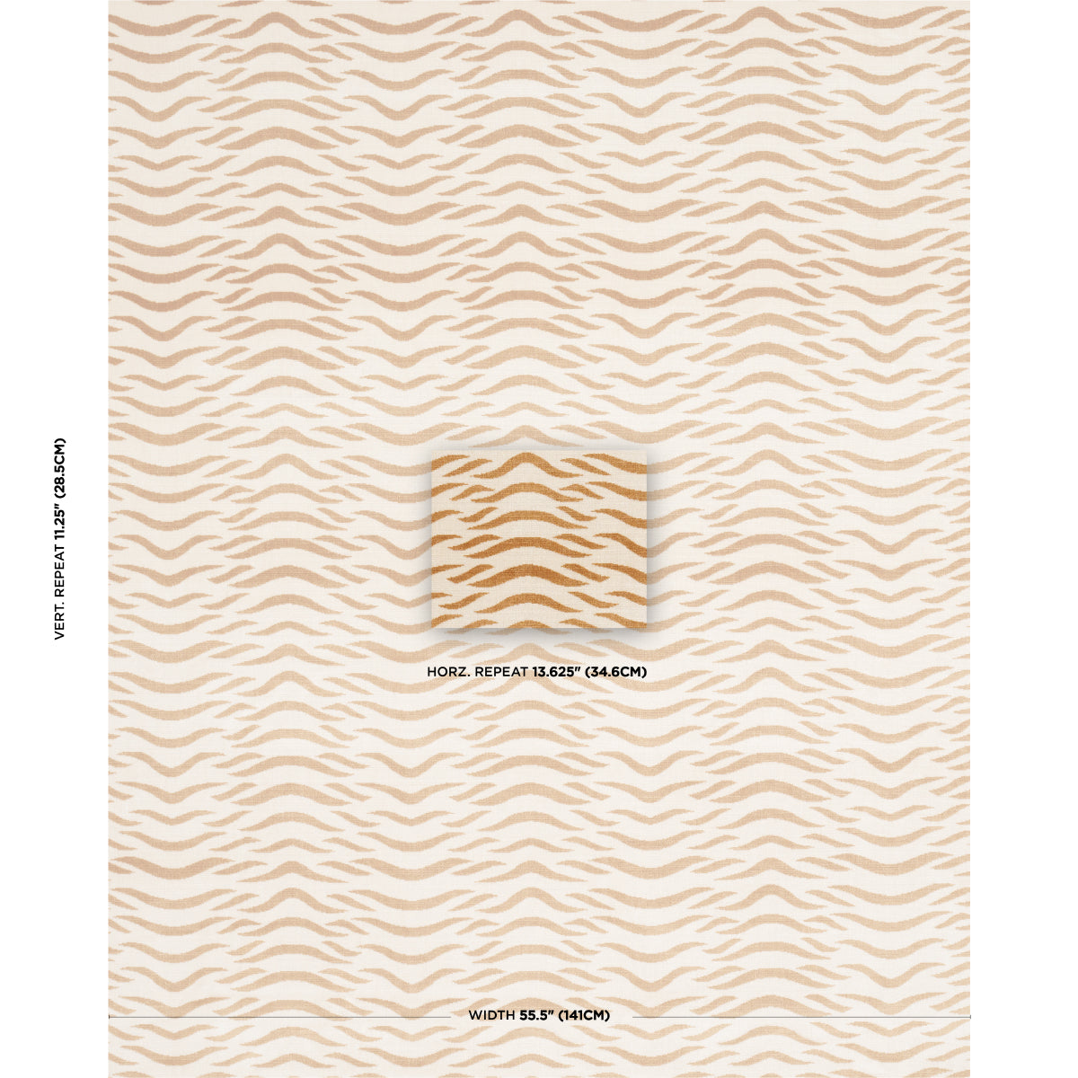 Beige and cream wavy stripe wallpaper pattern sample with a central square cutout.