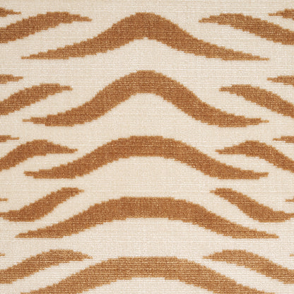 Beige woven textile with repeating brown wavy stripes; warm neutral rug or upholstery fabric.