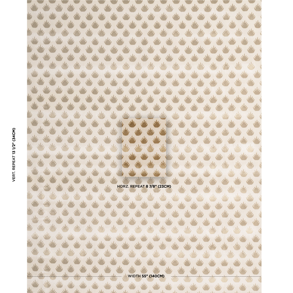 Beige wallpaper with tiny tan leaf motifs in a regular repeat; soft, natural tones for walls.