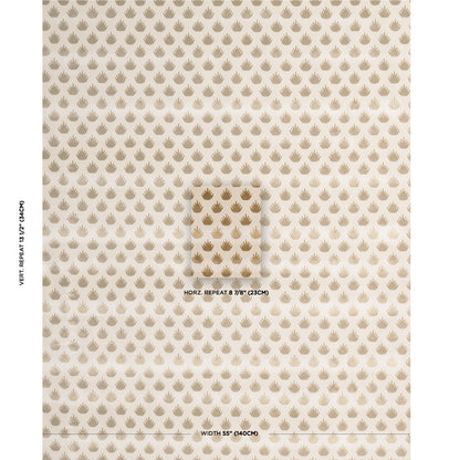 Beige wallpaper with tiny tan leaf motifs in a regular repeat; soft, natural tones for walls.