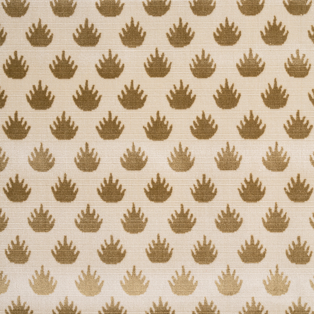 Light beige fabric with a repeating bronze palm leaf motif in neat rows.