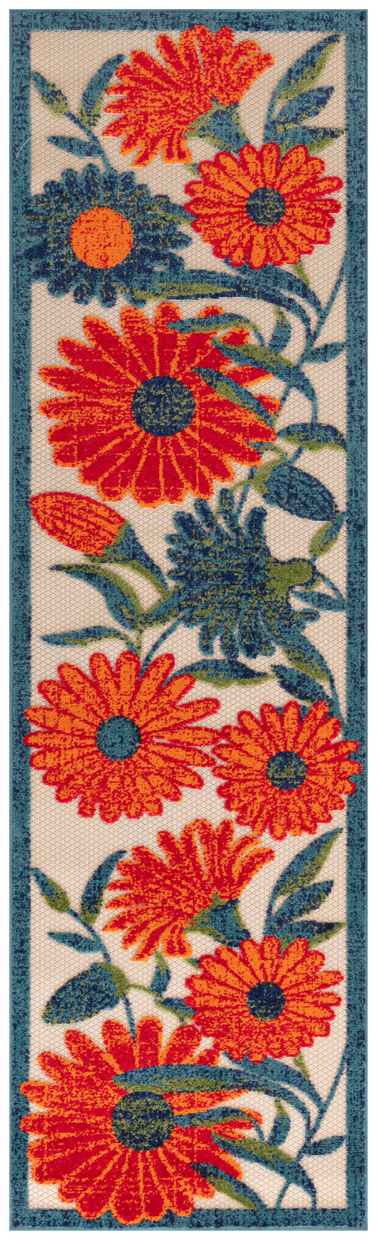 Vertical floral runner rug featuring bright orange-red daisies with blue centers on beige field, teal border.