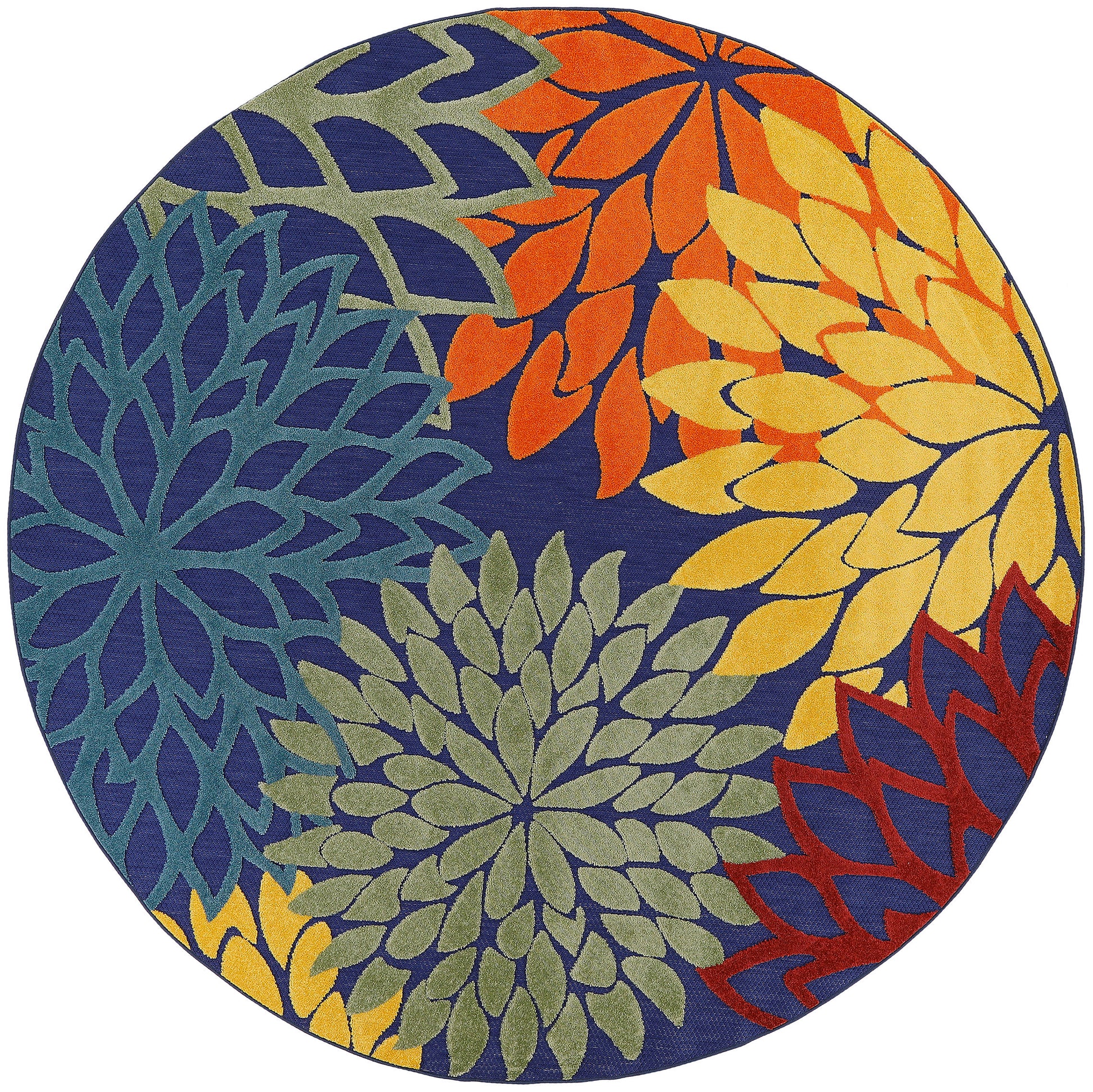 Round rug with colorful floral mandala petals in blue, teal, green, yellow, orange on navy background.
