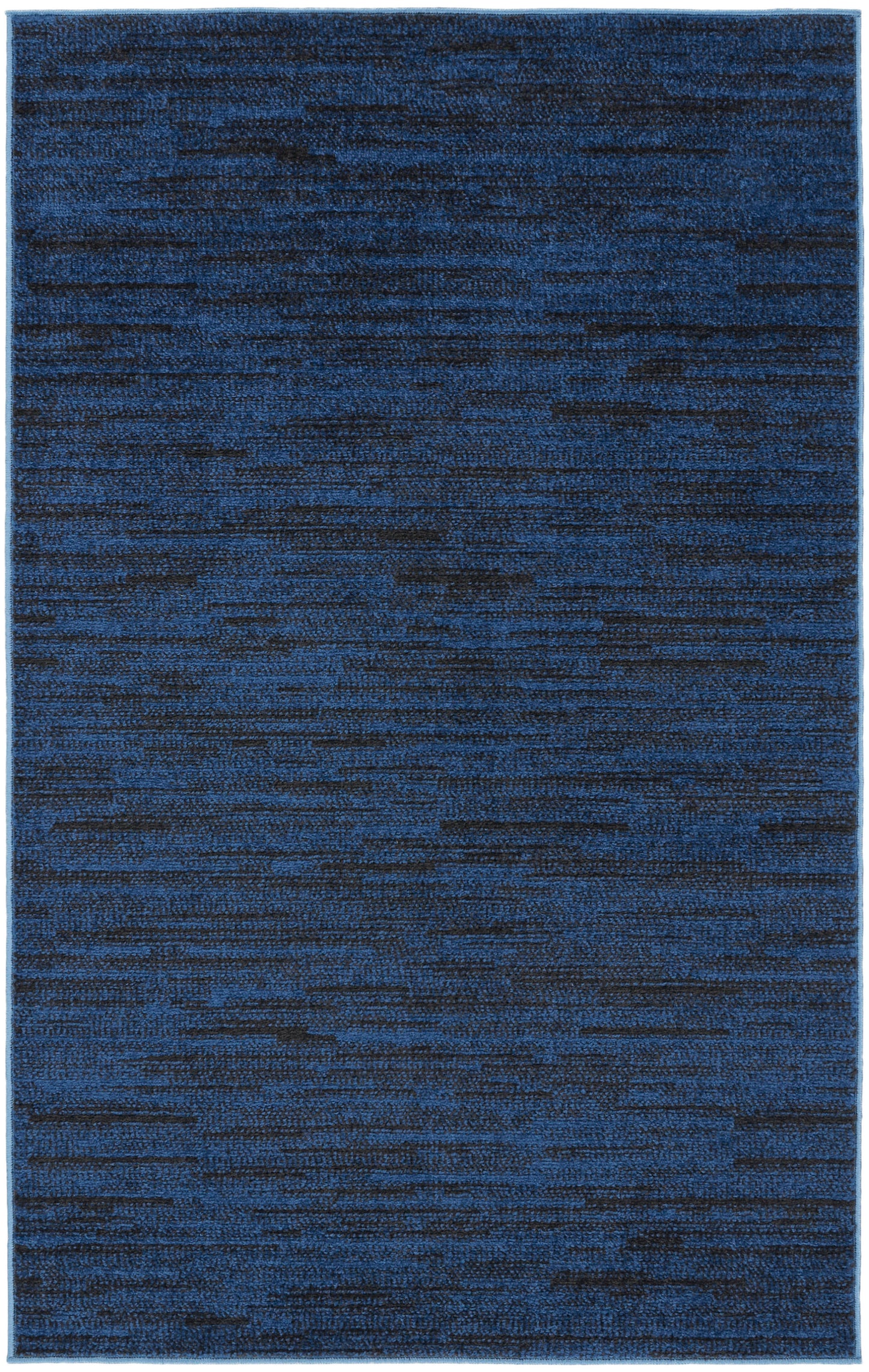 Blue abstract area rug with tonal navy and charcoal streaks; rectangular, soft textured pile for modern living rooms.