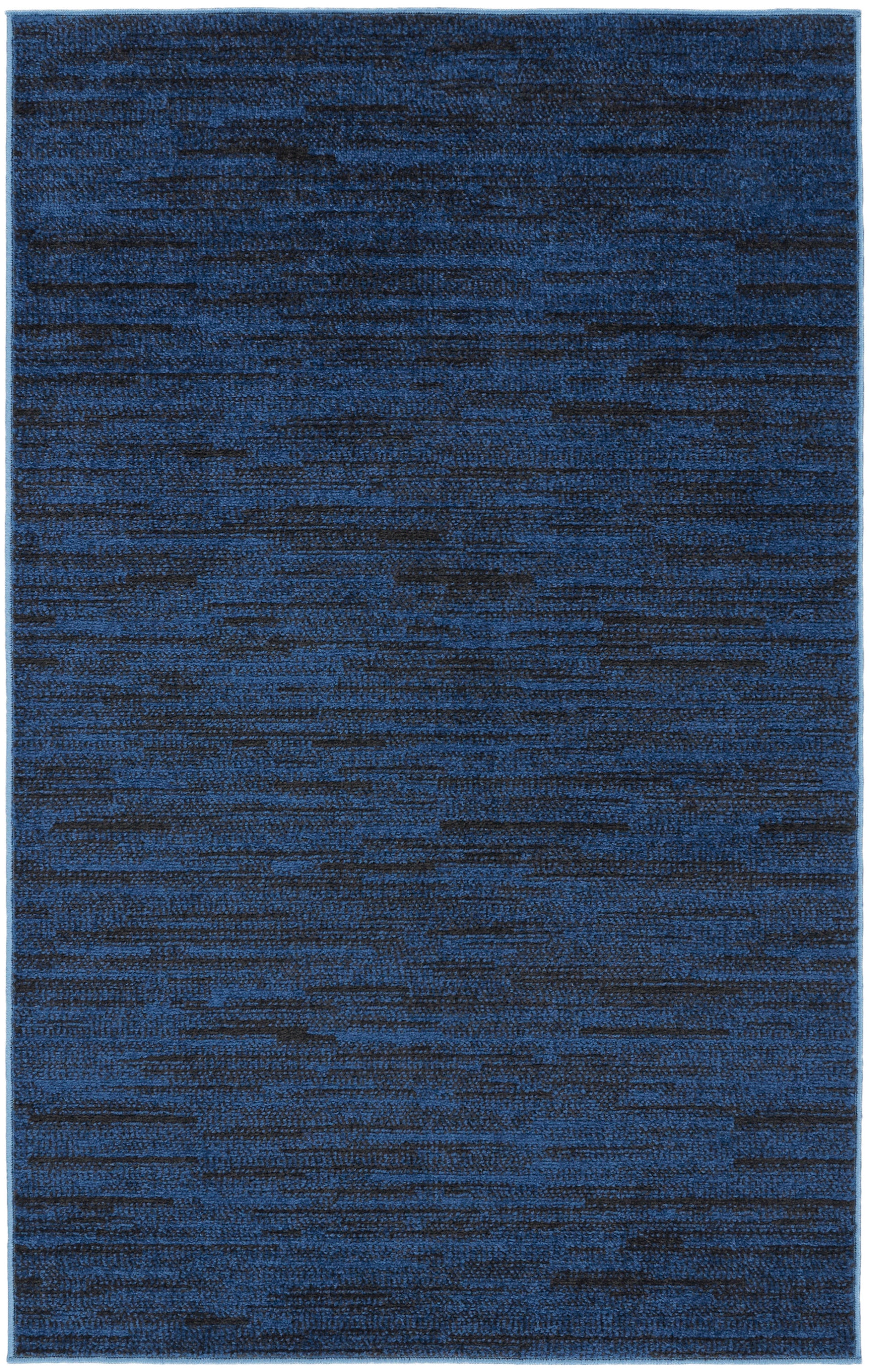 Blue abstract area rug with tonal navy and charcoal streaks; rectangular, soft textured pile for modern living rooms.
