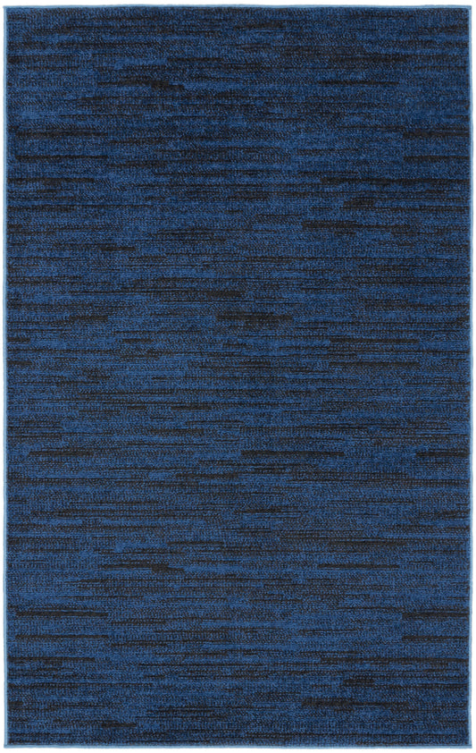Blue abstract area rug with tonal navy and charcoal streaks; rectangular, soft textured pile for modern living rooms.