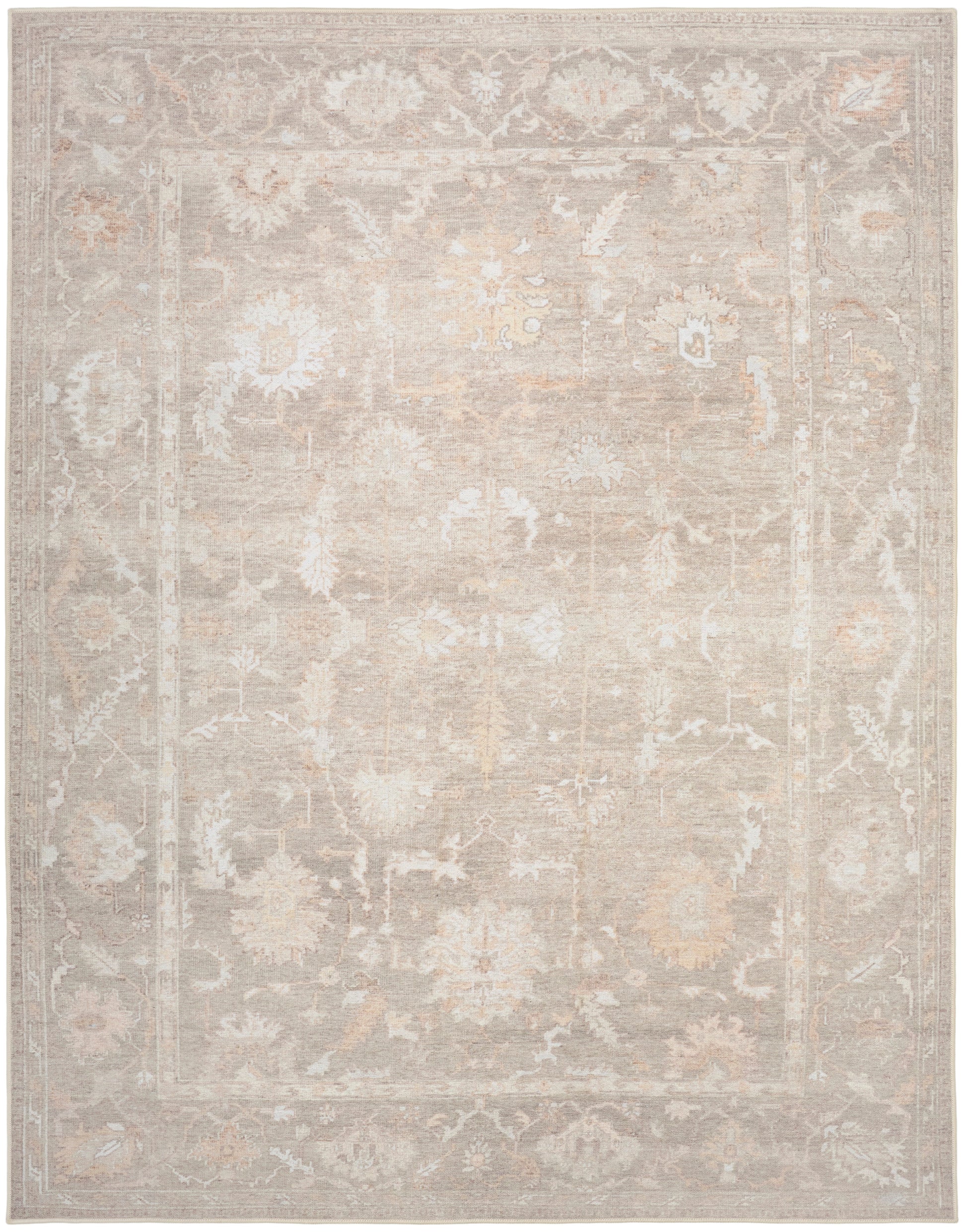 Neutral distressed traditional area rug with faded floral medallion in beige, ivory, and taupe.