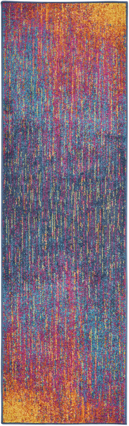 Long colorful abstract runner rug with vertical orange, pink, teal and purple streaks, navy border, textured pile.