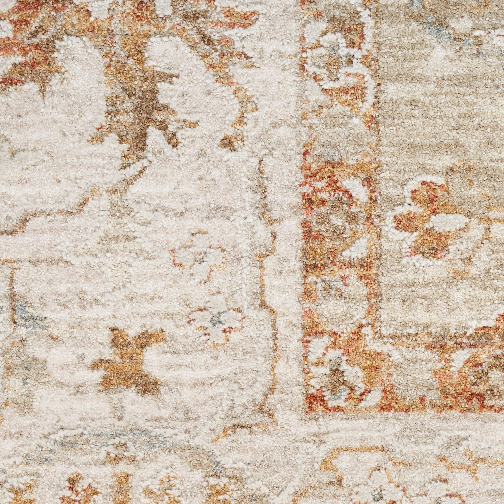 Cream distressed Persian-style rug with warm terracotta floral border and ivory field.