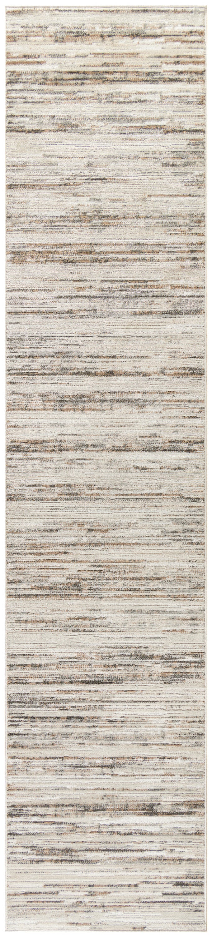 Neutral-toned abstract striped runner rug with beige, taupe and gray, distressed brushstroke pattern.